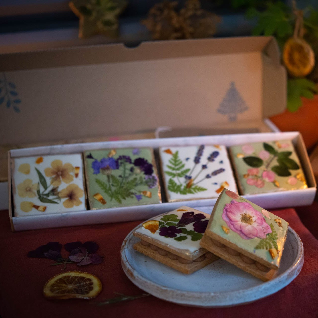 Chocolate and Spiced Orange Floral Sandwich Biscuit