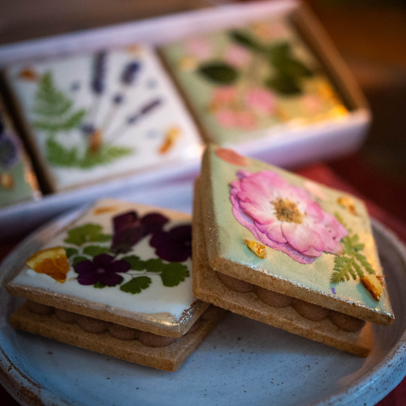 Chocolate and Spiced Orange Floral Sandwich Biscuit
